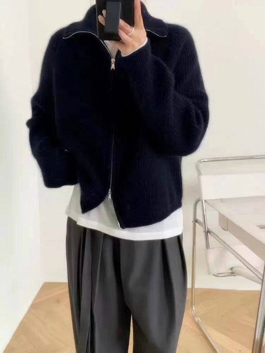 Damen Oversize-Strickjacke mit Reißverschluss, Stehkragen und gerippter Struktur Shop Nory