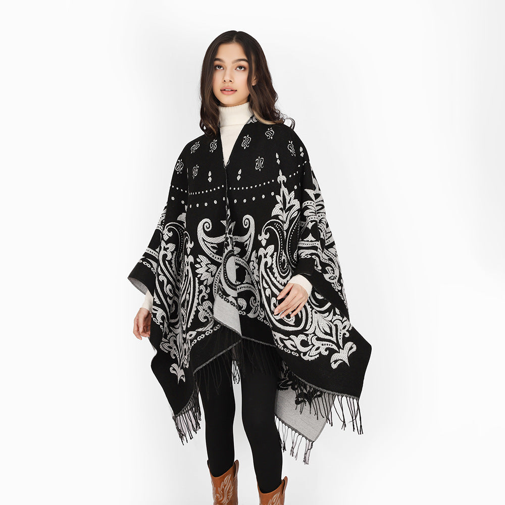 Damen Opulenter Jacquard‑Poncho im Kaftan‑Stil mit Fransen und Paisley‑Relief Shop Nory