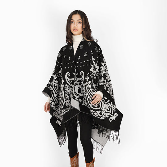 Damen Opulenter Jacquard‑Poncho im Kaftan‑Stil mit Fransen und Paisley‑Relief Shop Nory