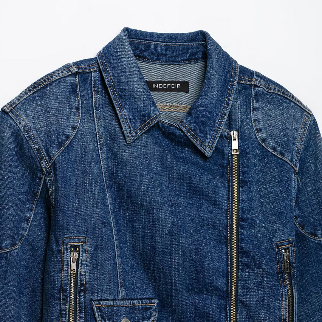 Damen Kurze Denim-Bikerjacke mit Gürtel und asymmetrischem Reißverschluss Shop Nory