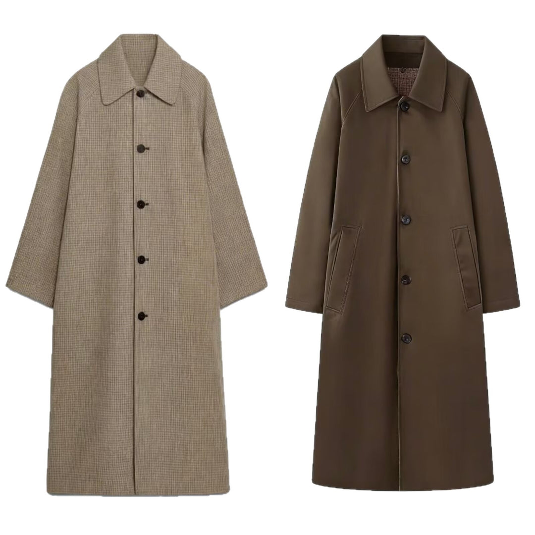 Damen Langer einreihiger Mantel mit geradem Schnitt und breitem Hemdkragen Shop Nory