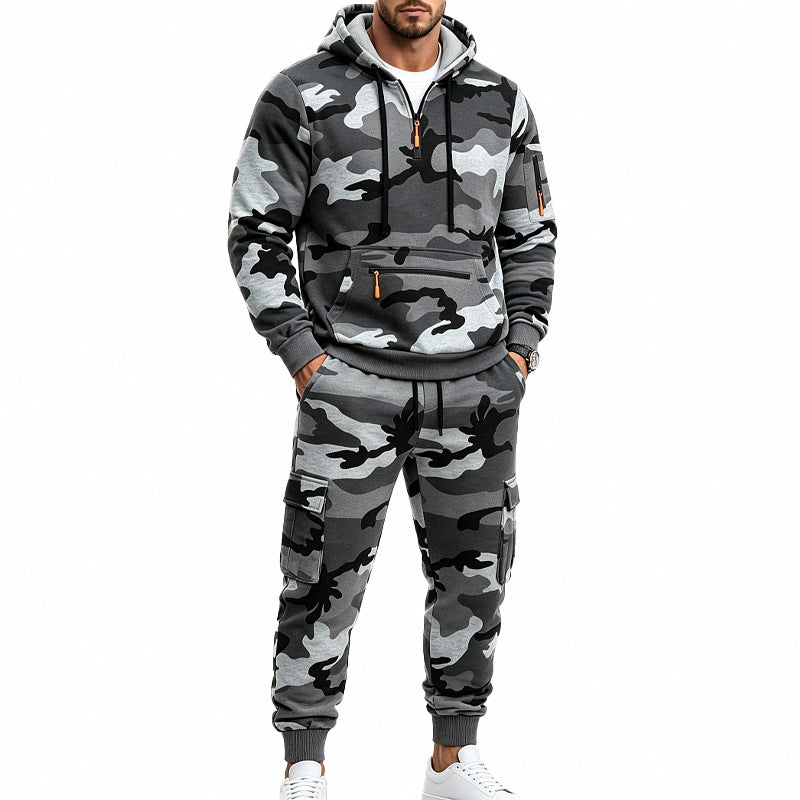 Herren Camouflage Kapuzensweatshirt- und Jogginghose Set mit Cargo-Taschen und Reißverschlüssen Shop Nory