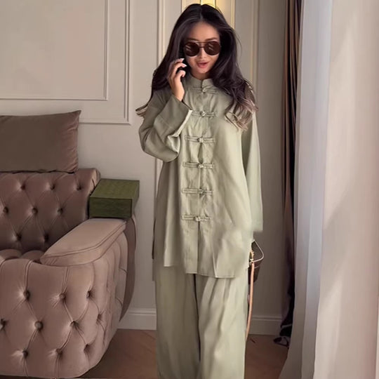 Damen Zweiteiliges Oversize Lounge‑Set mit Stehkragen und dekorativen Knotenverschlüssen Shop Nory