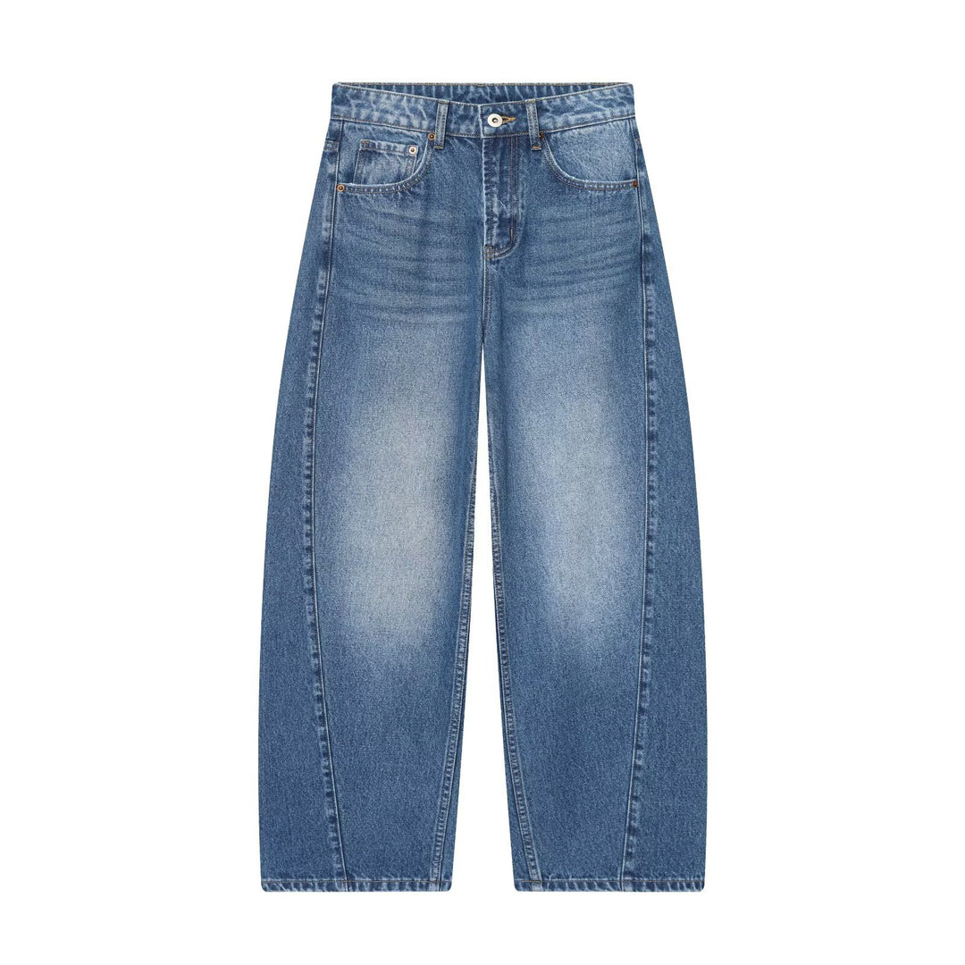 Damen Kurzgeschnittene weitgeschnittene Jeanshose mit hoher Taille und Vorderteil‑Teilungsnähten Shop Nory