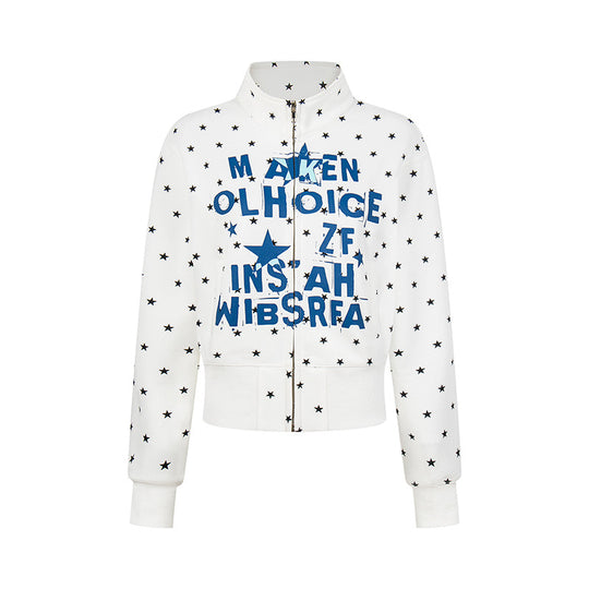 Damen Kurze Reißverschluss-Sweatjacke mit Stehkragen, Allover-Sternprint und Statement-Frontprint Shop Nory