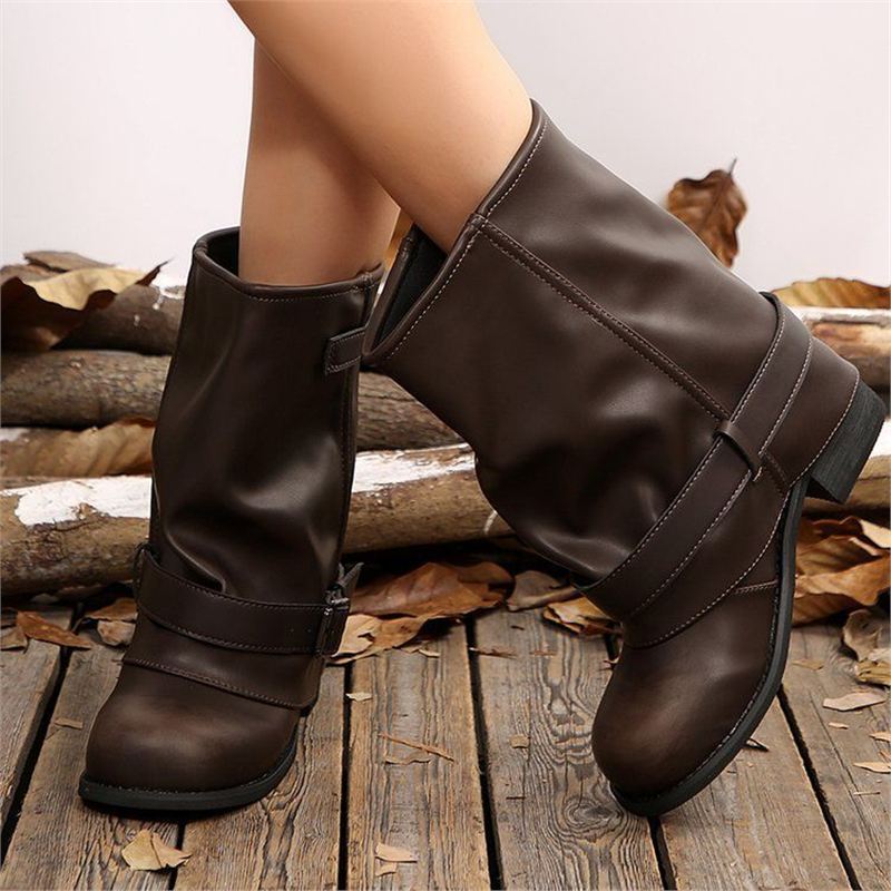 Damen Biker-Stiefel mit lässig geschlagenem Schaft, Schnallenriemen und niedrigem Blockabsatz Shop Nory