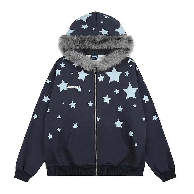 Damen Oversize Kapuzen‑Sweatjacke mit Sternen‑Allover, Kunstfellbesatz und durchgehendem Reißverschluss Shop Nory