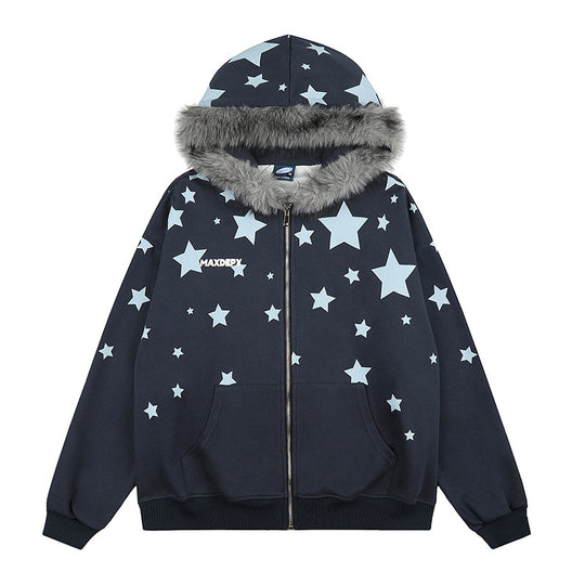 Damen Oversize Kapuzen‑Sweatjacke mit Sternen‑Allover, Kunstfellbesatz und durchgehendem Reißverschluss Shop Nory