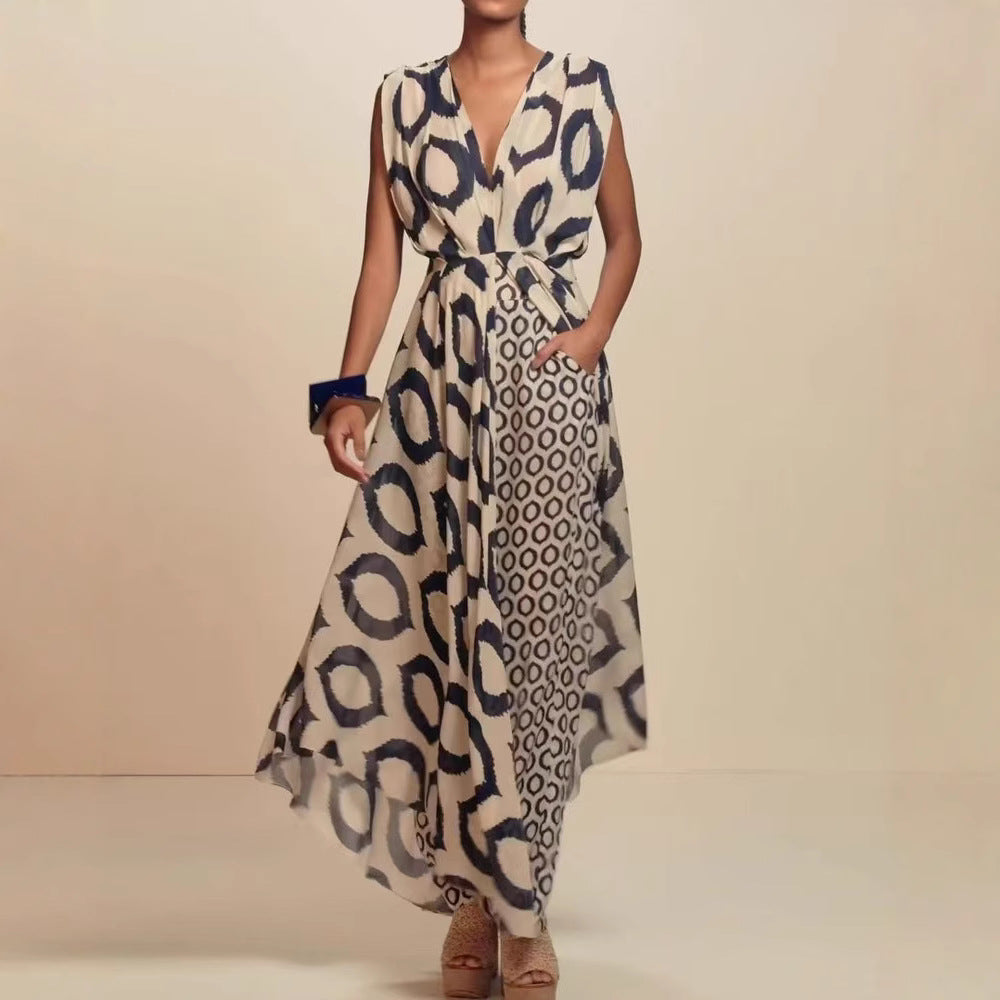 Damen Eleganter Jumpsuit mit Wickelgürtel und geometrischem Muster