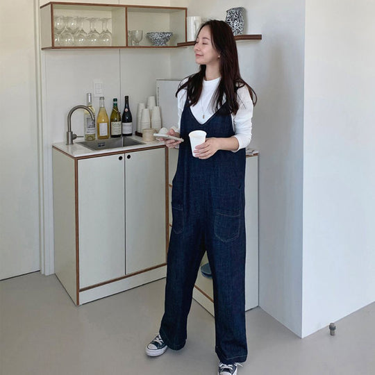 Damen Oversized Denim-Latzhose mit weitem Bein und Eingrifftaschen Shop Nory