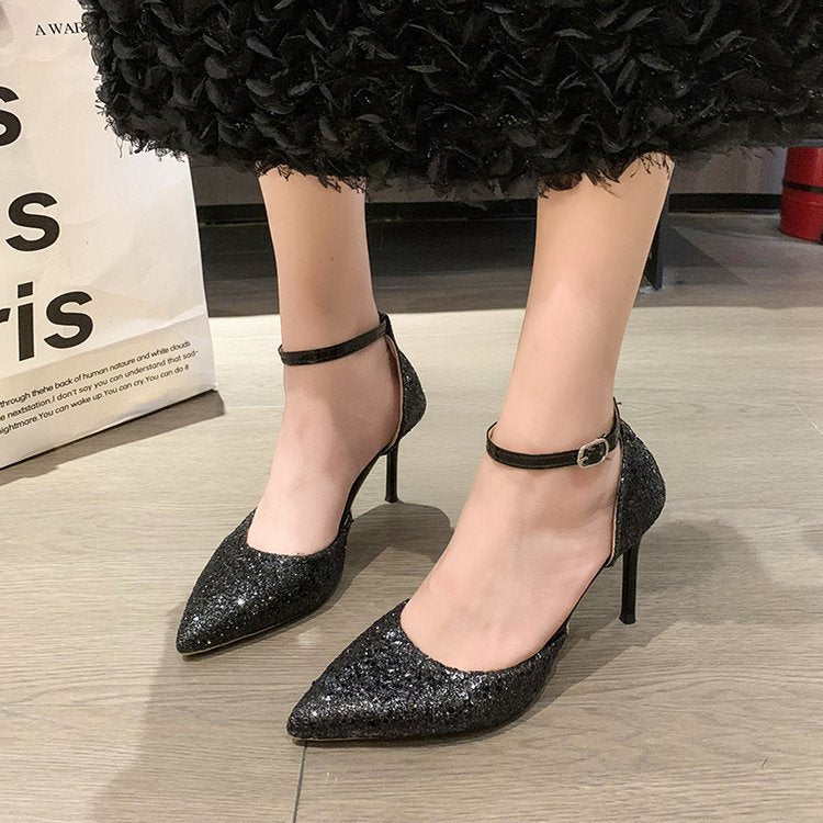 Damen elegante Spitzen High Heels mit transparentem Riemen