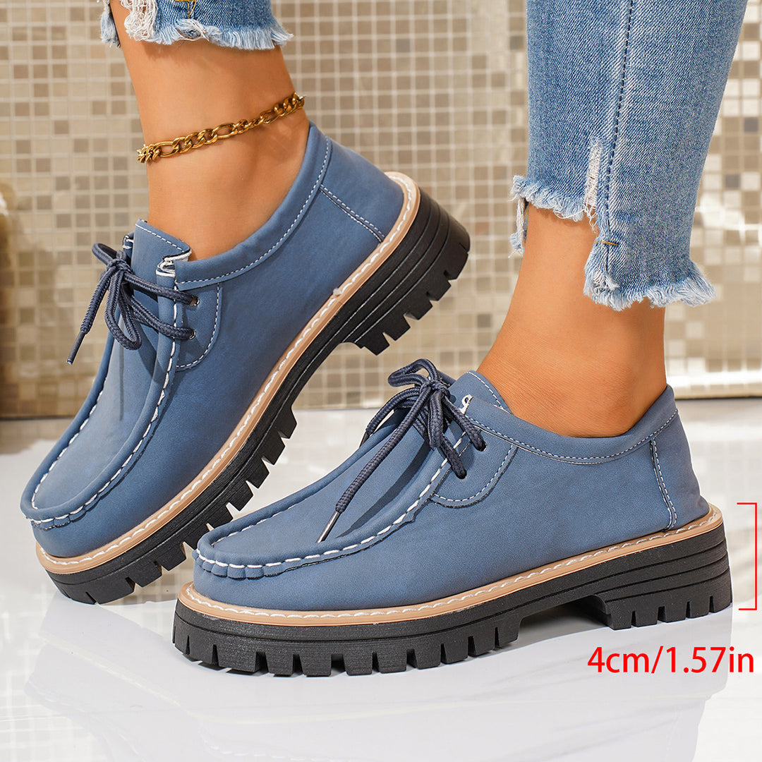 Damen elegante Derby-Schnürer aus Lederimitat mit Mokassinnaht und grober Profilsohle Shop Nory