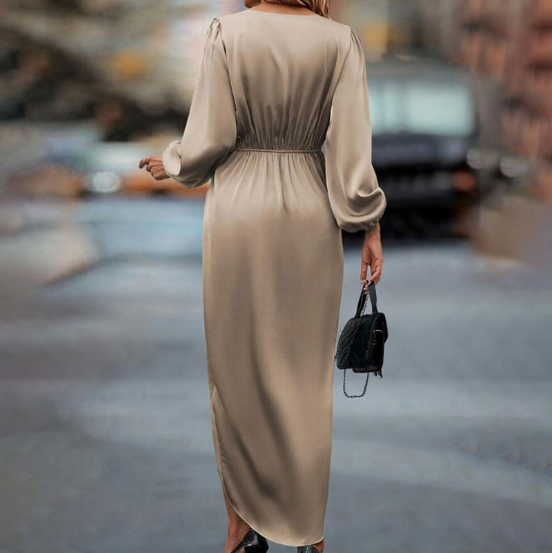 Damen nan elegantes Satin-Midikleid mit Twist-Taille V-Ausschnitt und Ballonärmeln