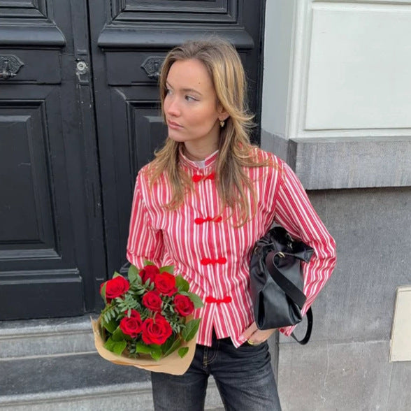 Damen Gestreifte Mandarin-Kragen Bluse mit dekorativen Knotenverschlüssen Shop Nory