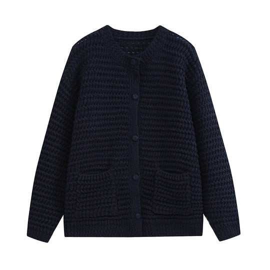 Damen Grobstrukturierter Häkel-Cardigan mit stoffbezogenen Knöpfen und aufgesetzten Taschen Shop Nory
