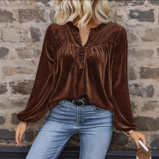 Damen Samtsweatshirt mit Henley-Knopfleiste, geraffter Brustpasse und lockerer Silhouette Shop Nory