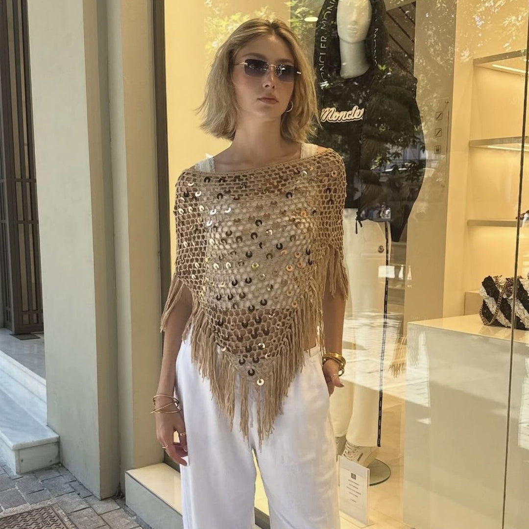 Damen dekorativer Spitzen-Poncho mit eleganten Pailletten und Fransen