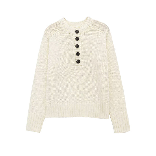 Damen Grobstrick Henley-Pullover mit Holzknöpfen und Rippbündchen Shop Nory