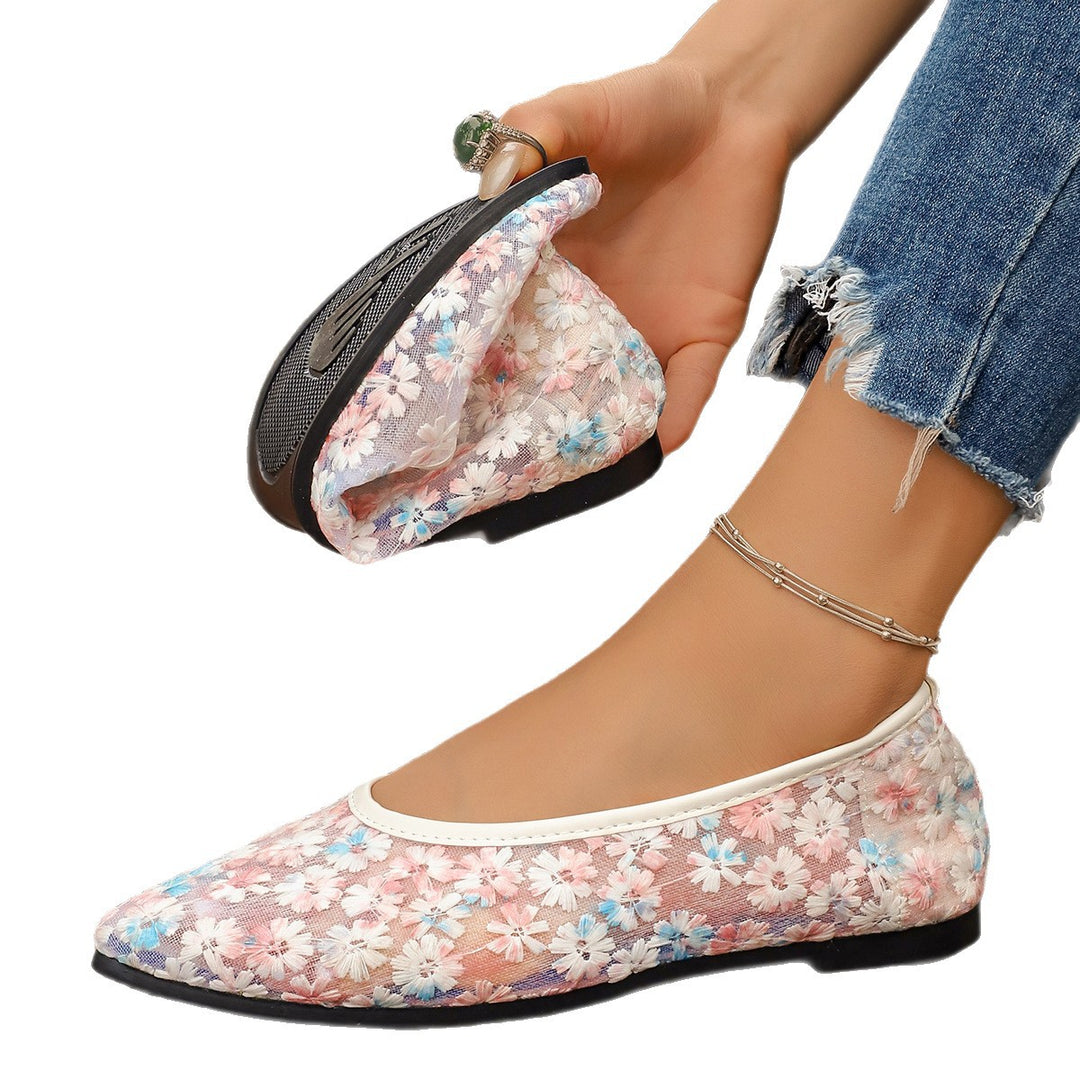 Damen Flache spitze Ballerinas aus besticktem Mesh mit floralem Muster und gepolstertem Fußbett Shop Nory