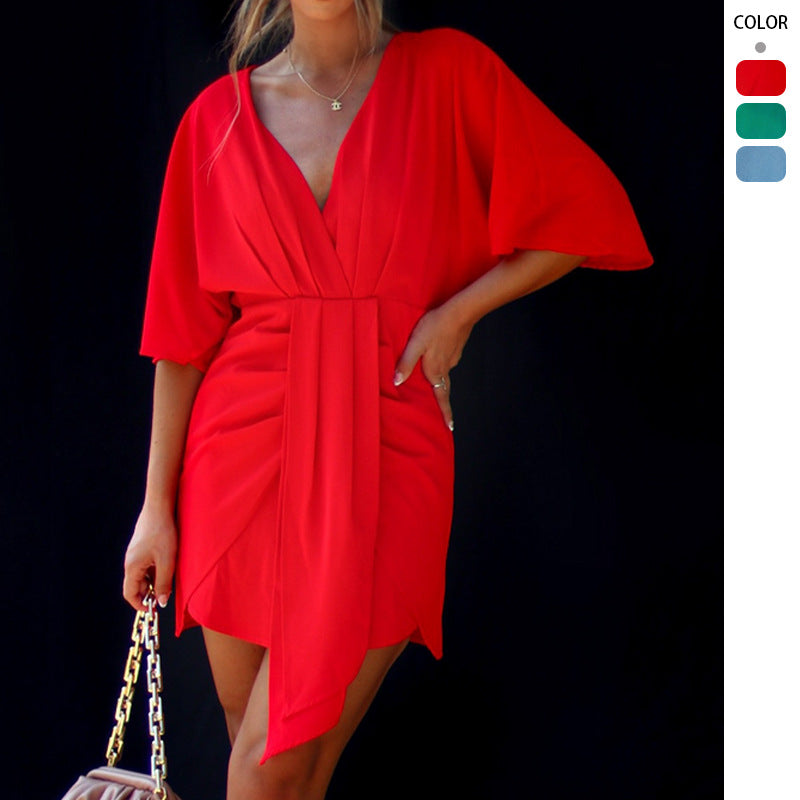 Damen Wickelkleid mit V-Ausschnitt und voluminösen Ärmeln