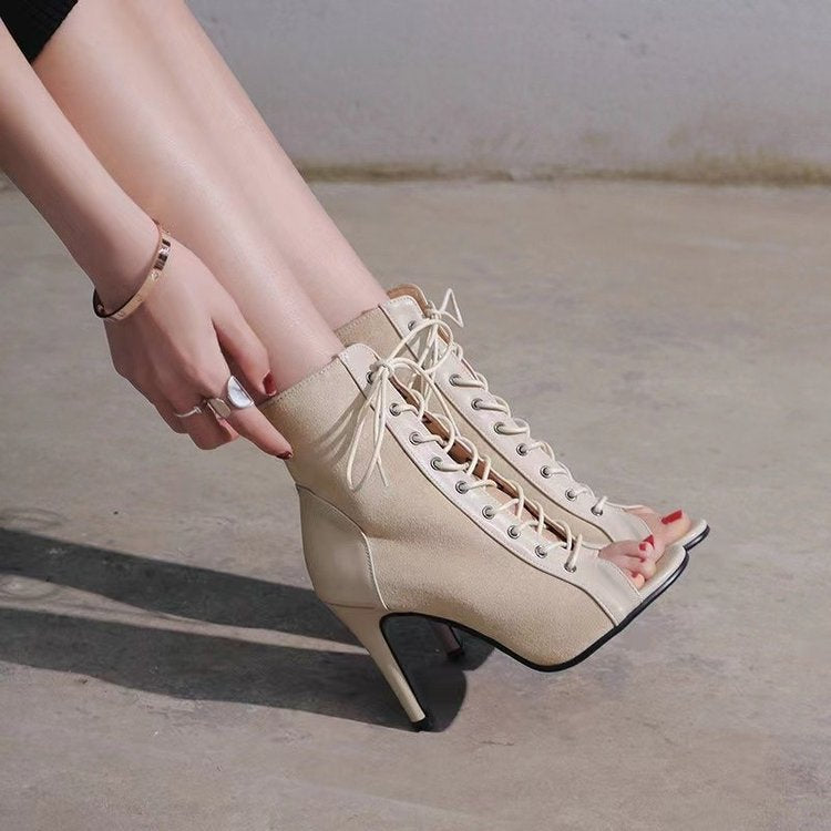 Damen Offene-Zehen Schnürstiefelette mit Wildleder-Optik und Stiletto-Absatz Shop Nory