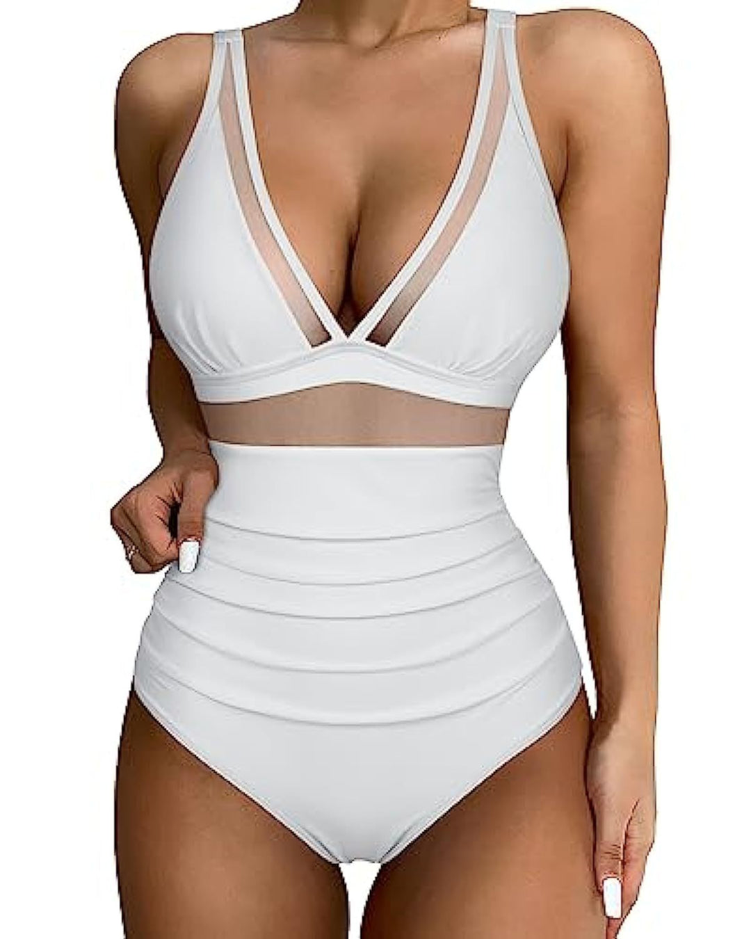 Damen Hochtaillierter Badeanzug mit transparenten Einsätzen