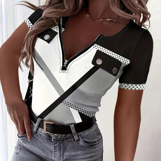Damen Kurzarm Oberteil mit Reißverschluss und geometrischem Design Shopnory