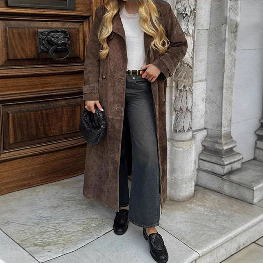 Damen Langer Doppelreihiger Trenchcoat aus Veloursleder-Optik mit Taillengürtel Shop Nory