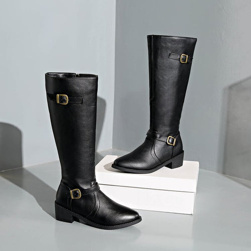 Damen nan kniehohe Reitstiefel mit dekorativen Schnallen und ergonomischem Blockabsatz Shop Nory