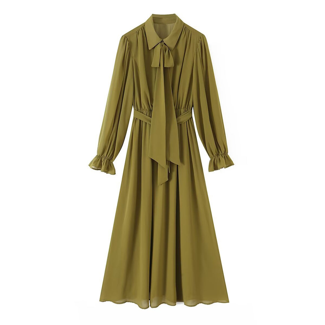 Damen Chiffon‑Maxikleid mit Bindeschleife, tailliertem Knotenband und Rüschenärmeln Shop Nory