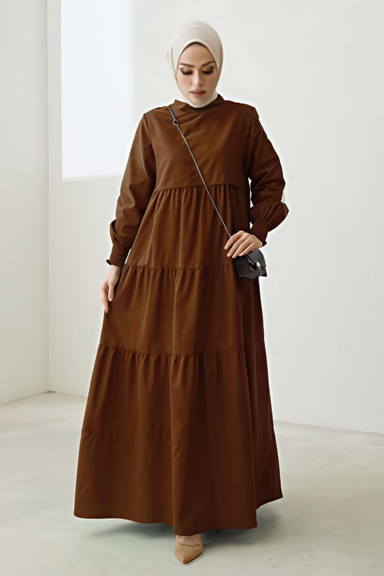 Damen Maxikleid mit Stufenrock, hohem Kragen und gerafften Ärmeln Shop Nory