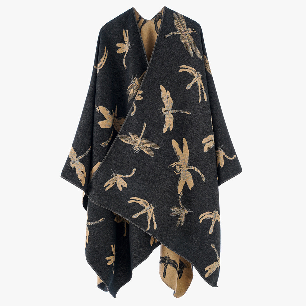 Damen Wendbarer Jacquard-Poncho mit Libellenmotiv Shop Nory