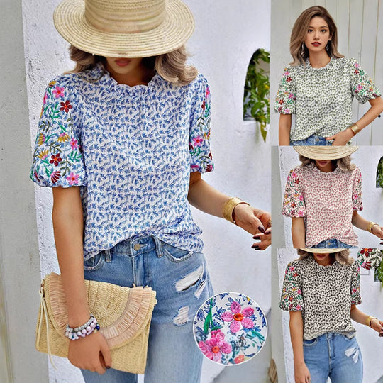 Damen Geblümte Bluse mit bestickten Puffärmeln und gewelltem Ausschnitt Shop Nory