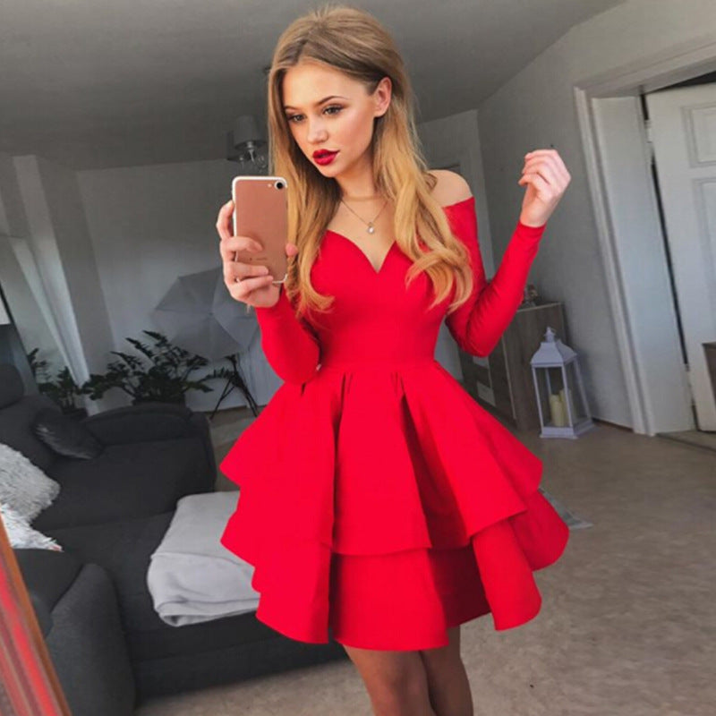Damen Verspieltes schulterfreies Cocktailkleid mit Volants und tiefem V-Ausschnitt