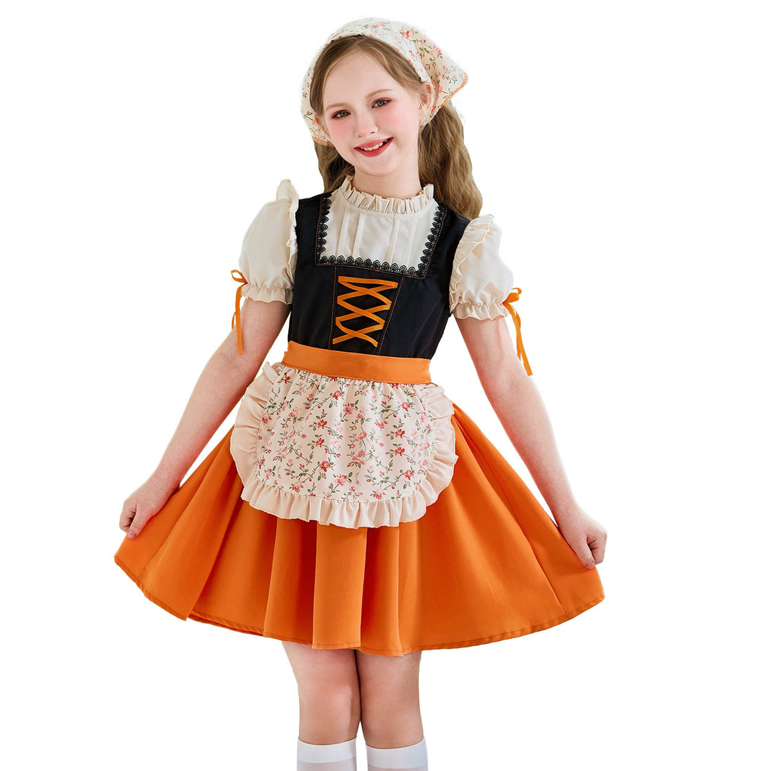 Damen nan traditionelles Kinderdirndl mit Schnürung, Rüschenschürze und Kopftuch Shop Nory