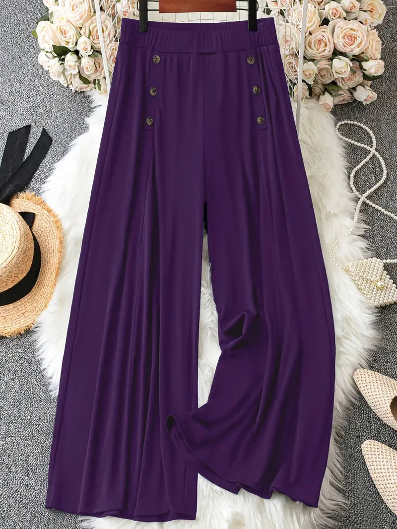 Frauen Weite Bein Hohe Taille Knopf-Akzent Palazzo Hose Shop Nory