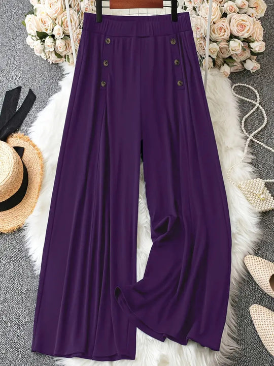Frauen Weite Bein Hohe Taille Knopf-Akzent Palazzo Hose Shop Nory