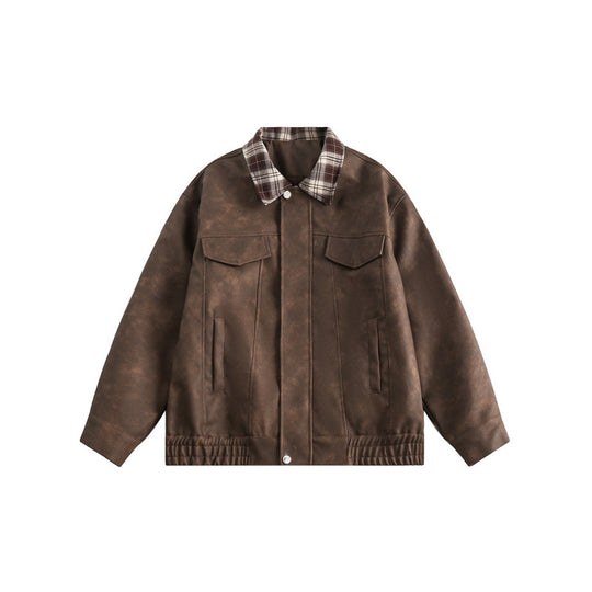Herren Velourslederoptik Bomberjacke mit kariertem Hemdkragen, Pattentaschen und elastischem Saum Shop Nory