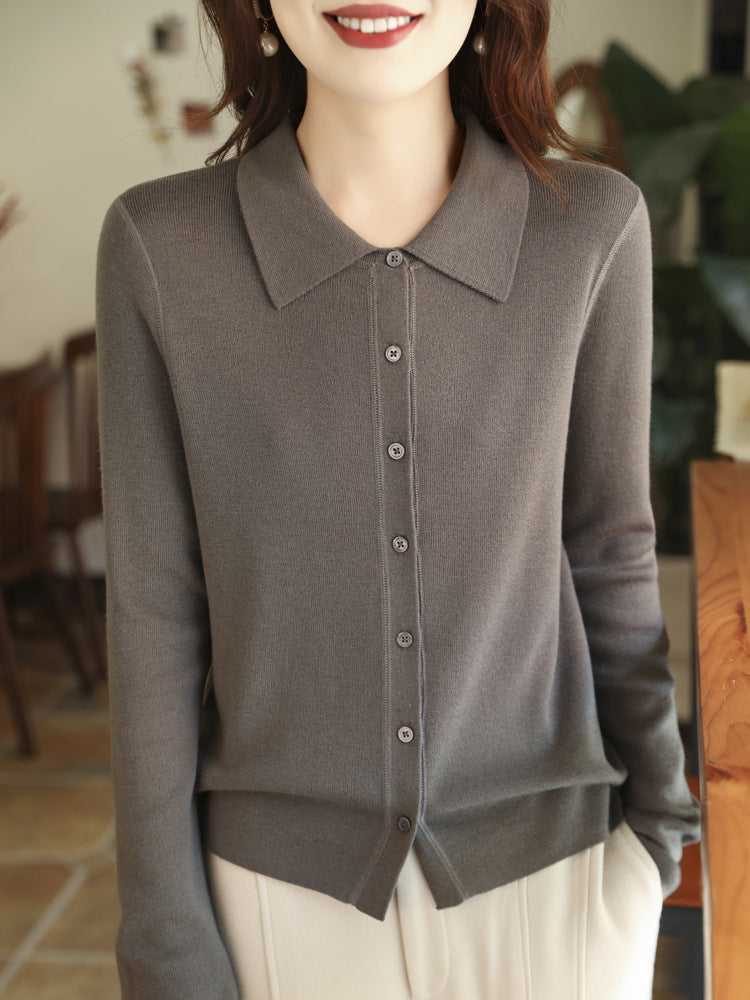 Damen Leichter Feinstrick-Cardigan mit Polokragen und durchgehender Knopfleiste Shop Nory