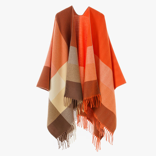 Damen Farbblock-Poncho aus Wollmix mit Fransensaum und asymmetrischem Schnitt Shop Nory