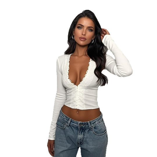 Damen tailliertes Crop-Top mit tiefem V-Ausschnitt und Spitzenbesatz Shop Nory