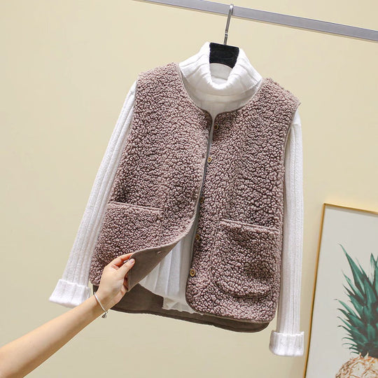 Damen Teddy-Fleece Weste mit Knopfleiste und Aufgesetzten Taschen Shop Nory