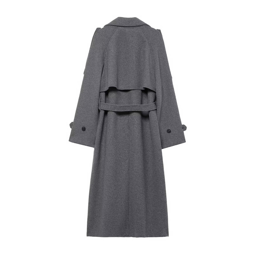 Damen Langer doppeltreihiger Wollmantel mit Taillengürtel und Schulterklappen Shop Nory