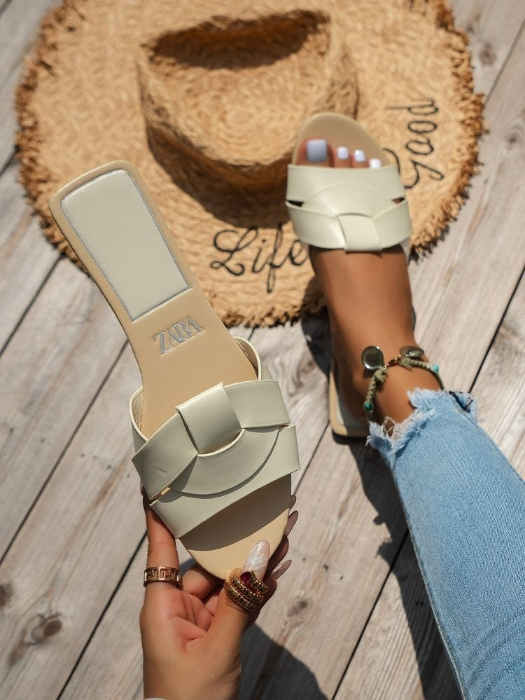 Damen Jeans-Optik Slide-Sandalen mit gekreuzten Stoffriemen und flacher Komfortsohle Shop Nory