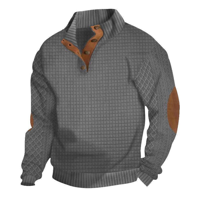 Herren Waffelstrick-Halbzip-Pullover mit Stehkragen Lederbesatz und Ellbogenpatches Shop Nory