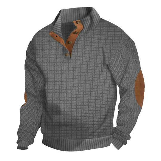 Herren Waffelstrick-Halbzip-Pullover mit Stehkragen Lederbesatz und Ellbogenpatches Shop Nory