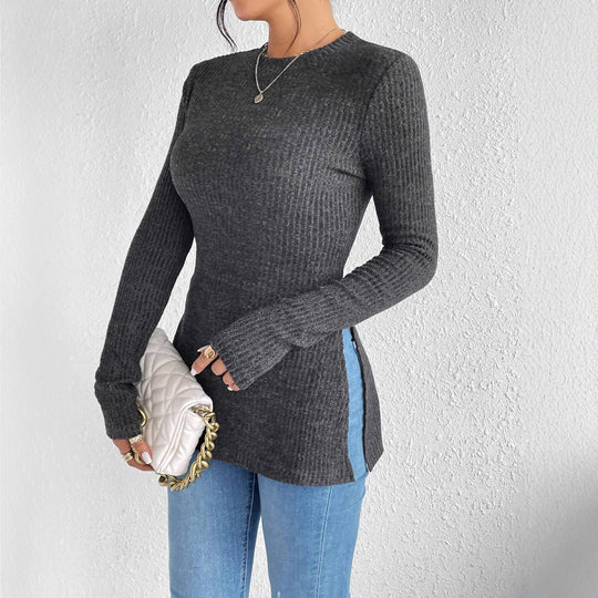 Damen Rippstrick-Langarmshirt mit Seitenschlitz und figurbetontem Schnitt Shop Nory