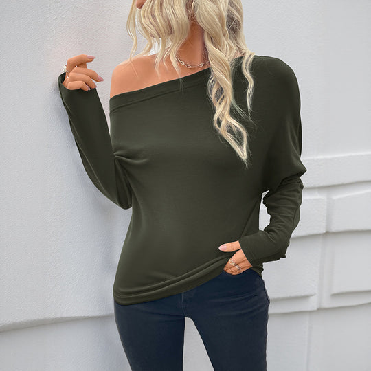 Damen Oversized schulterfreies Langarmshirt mit Fledermausärmeln und Knopfmanschetten Shop Nory