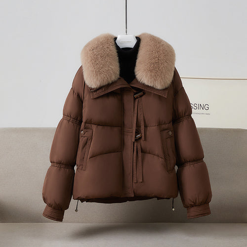 Damen nan kurze Steppluftjacke mit voluminösem Webpelzkragen, Knebelverschluss und formstabiler Taillenlinie Shop Nory