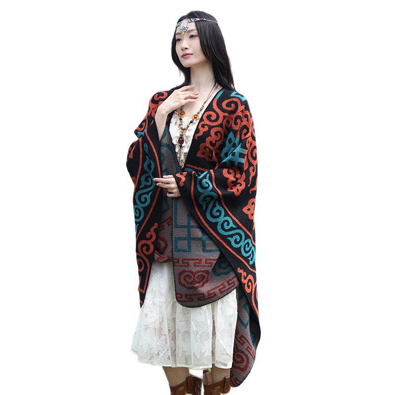 Damen Oversize-Jacquard-Umhang mit ethno-inspiriertem Ornamentmuster Shop Nory